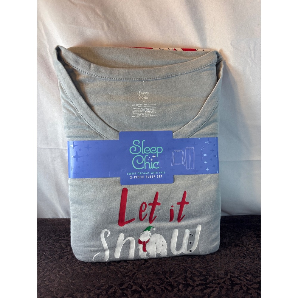 Sleep Chic Womens XL Pajama Set 2-Piece Let It Snow Polar Bear Gray Red New